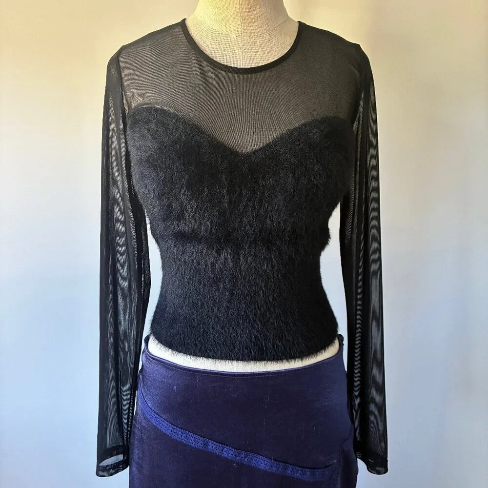 Le Lis Black Fluffy Bodice Sheer Women's Long Sleeve Top
